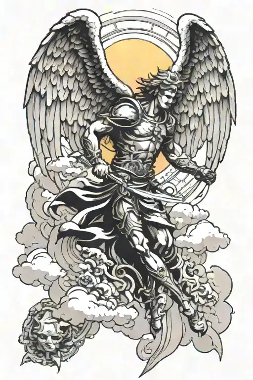 Archangel Fighting Demon With Clouds And Sun Shafts