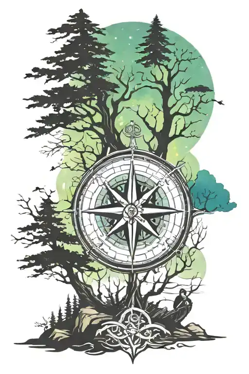 Compass Rose With Trees And A Fisherman And Northern Lights