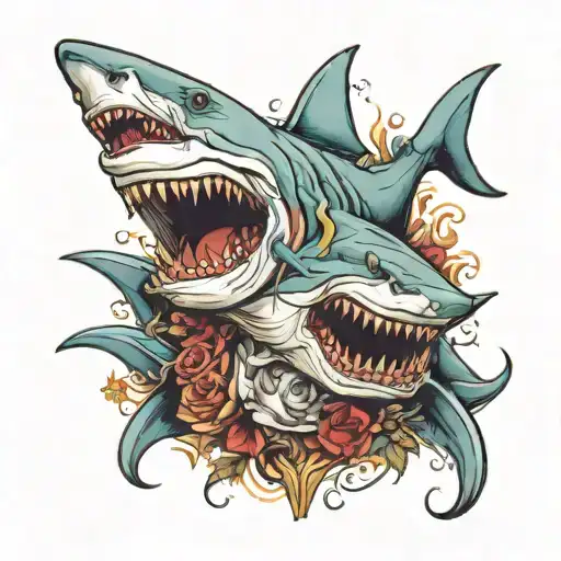 Roman Statue And Sharks With Mouth Open