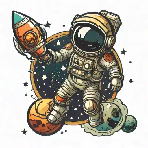 Spaceman In Outer Space With Planets And Stars And A Ufo