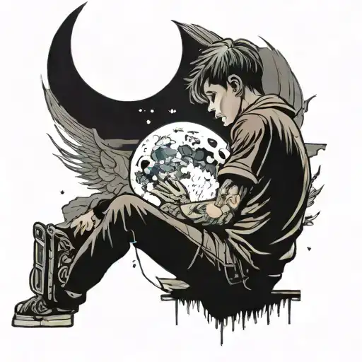 A Boy Sitting Alone And Looking At A Moon