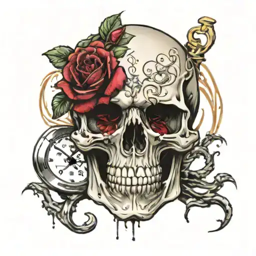 Skull With Hour Glass In Mouth Wide Open With Dead Roses