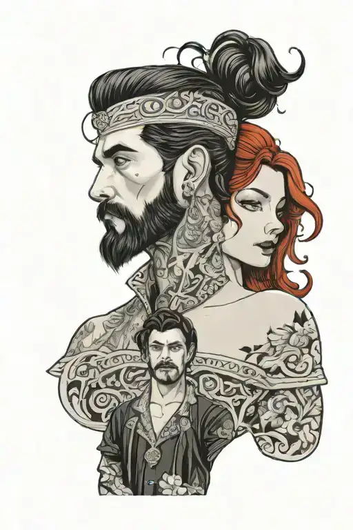 A Handsome Young Bearded Man With Black Hair Accompanied By His Red-haired Princess