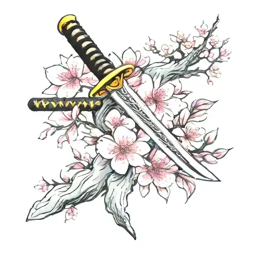 Katana Sword In Front Of A Cherry Blossom Tree