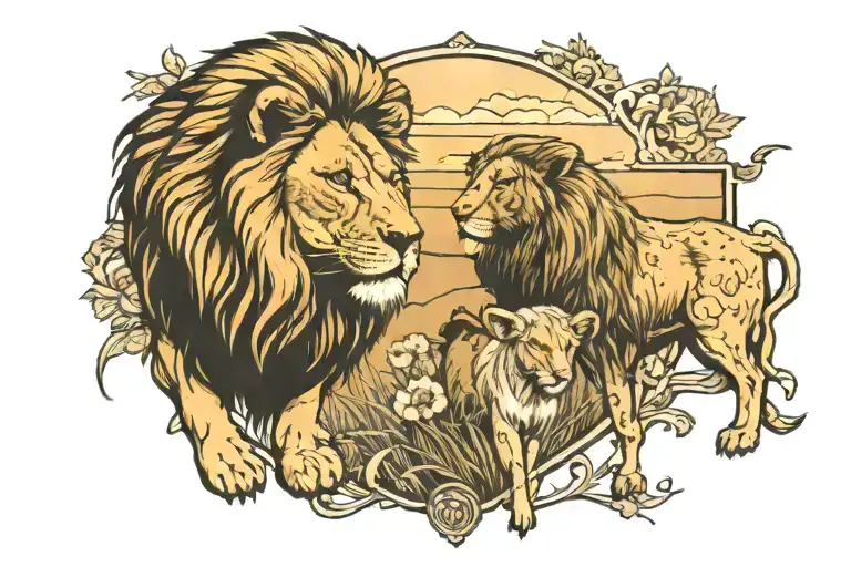 Lion And Lamb Looking Over A Field