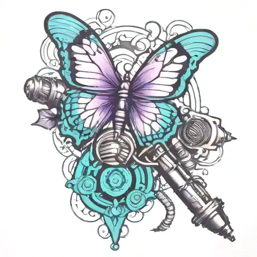 Purple And Turquoise Butterfly Incorporating A Microphone And An Airplane