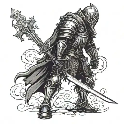 Dark Fantasy Medieval Knight Standing With A Sword In His Hands Pointing Down