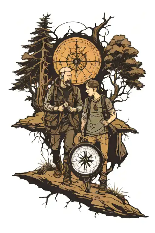 A Dad And His Son Walking Through A Gothic Forest With Rock Clothing And A Compass In The Background