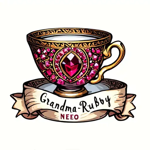 Teacup With Gold Rim And Rubys Around The Center Surrounded By A Banner That Says Grandma Ruby