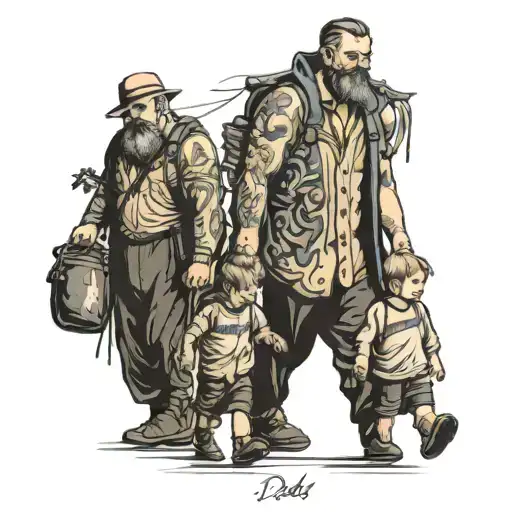 Dad And Two Son Walking