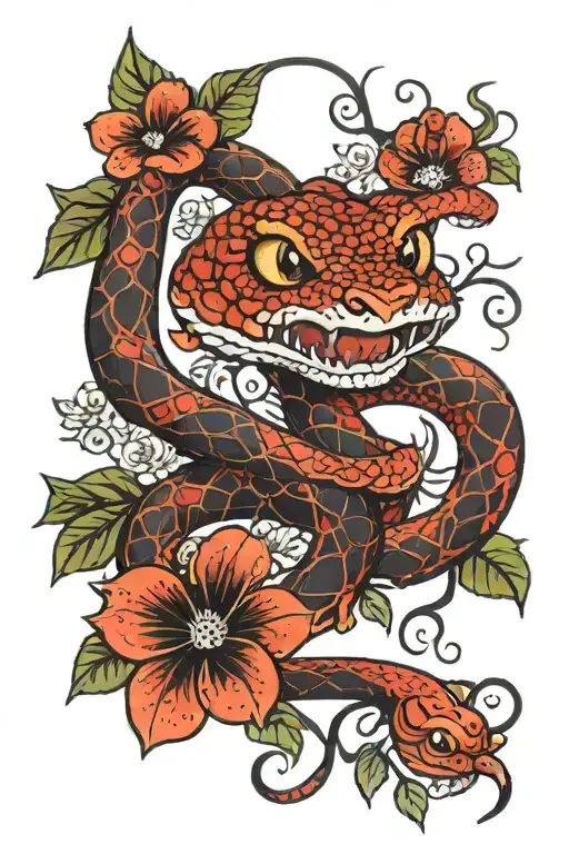 Red Snake With Black Flowers With Eyes In Some Flowers