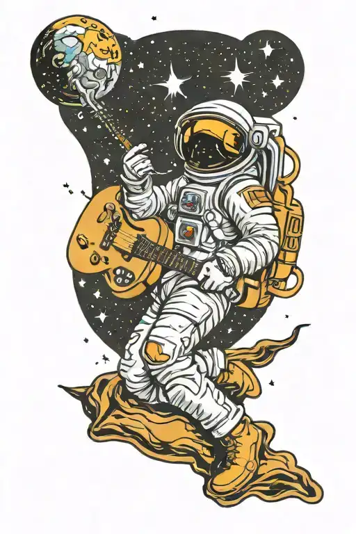 Astronaut Smoking Cigarette With Electric Guitar While Lying On Crescent Moon