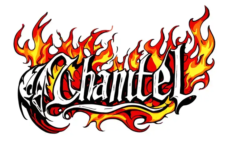 The Name Chantell Surrounded By Flames On Front Of Bicep