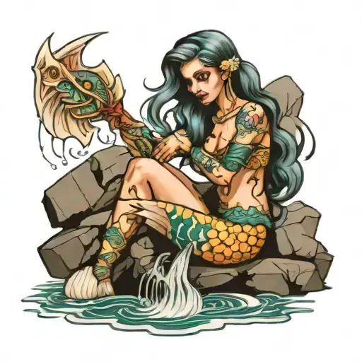 Warrior Mermaid Sitting On A Rock