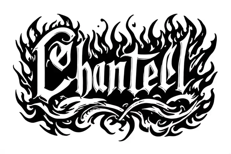 The Name Chantell In Fancy Font Surrounded By Flames On Front Of Bicep Tattoo