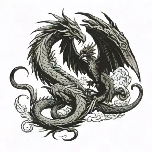 Dragon And Phoenix Trying To Reach Each Other