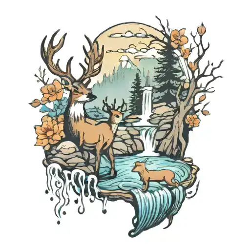Mystic Creek With Waterfall And Deer And Fish Tattoo
