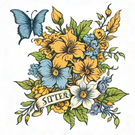 Larkspur And Marigold Intertwined With The Word Sister