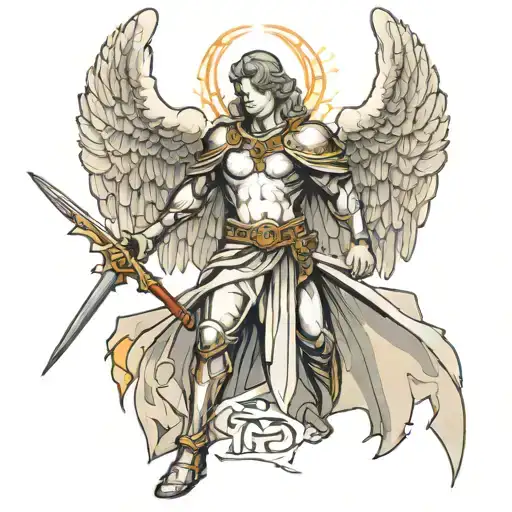 Archangel In Full Body Profile With Wings And A Sword