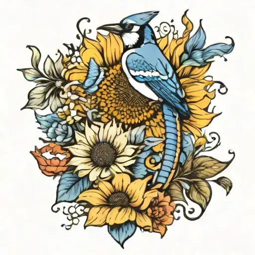 Sun Flower Bouquet With A Blue Jay Bird And A Koi Fish Swimming