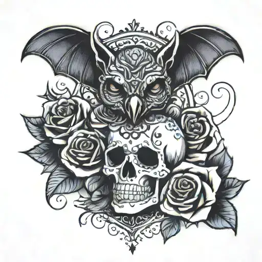 A Bat With A Sugar Skull And A Rose Tattoo