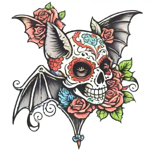 A Bat On Top Of A Sugar Skull And A Rose