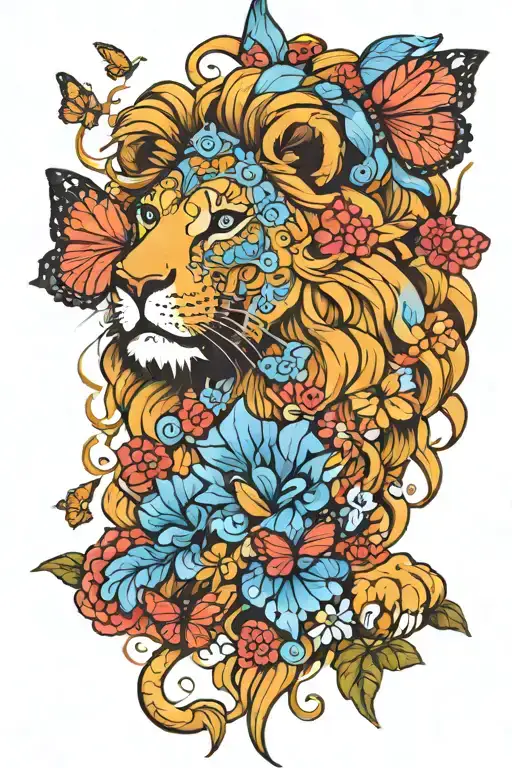 Leo Lion With Blue Eyes And Butterflies Fluttering