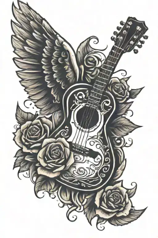 Guitar With Angle Wings Halo And Roses Around It