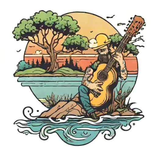 Nature And A Man Playing Guitar With Trees Colors Sunset Over Lake