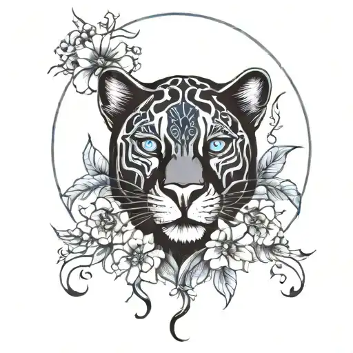 Black Panthera With Blue Eyes With Flowers And Moon