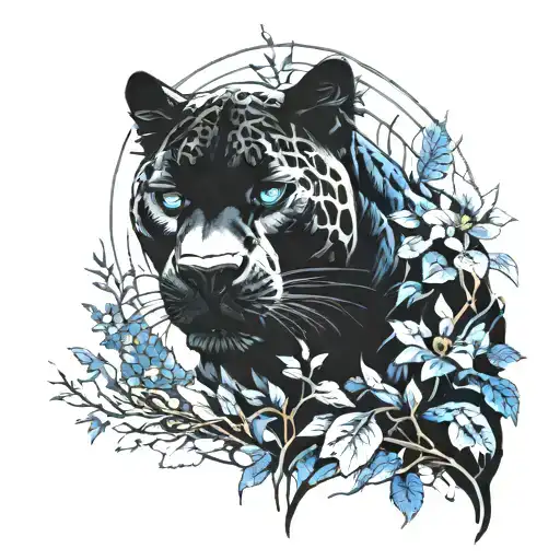 Realistic Black Panther With Blue Eyes In A Dark Forest