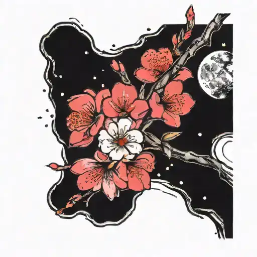Sakura Branch With Flowers With Moon Offset In Background