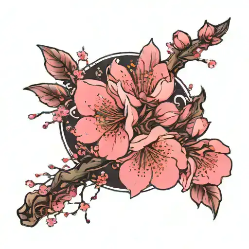 Sakura Branch With Flowers With Moon Offset In Background