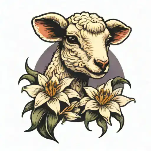 A Lamb Smelling A White Lilly At Night With A Full Moon