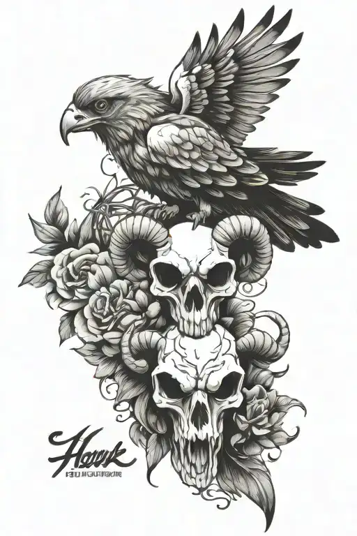 Hawk And Ram Skull Tattoo