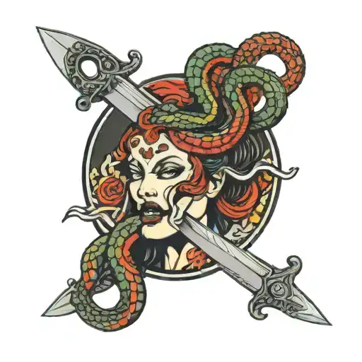 Knife With 3 Headed Snake With Woman's Face Surrounded