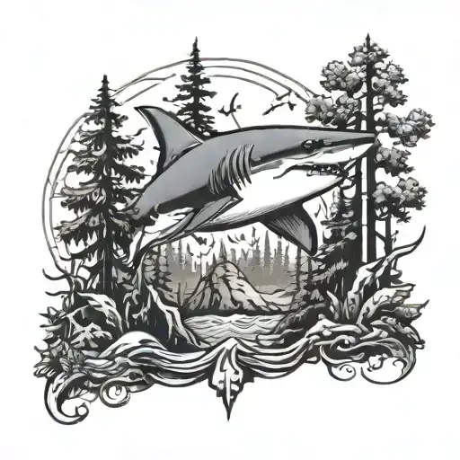 Forest Scene With Silouette Of A Shark Surrounded By Trees
