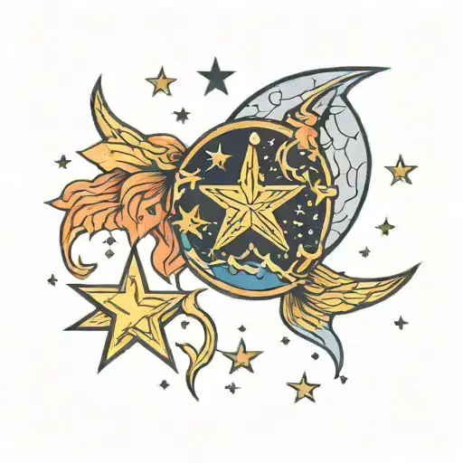 Fallen Star And Moon With Starry Night Sky Background