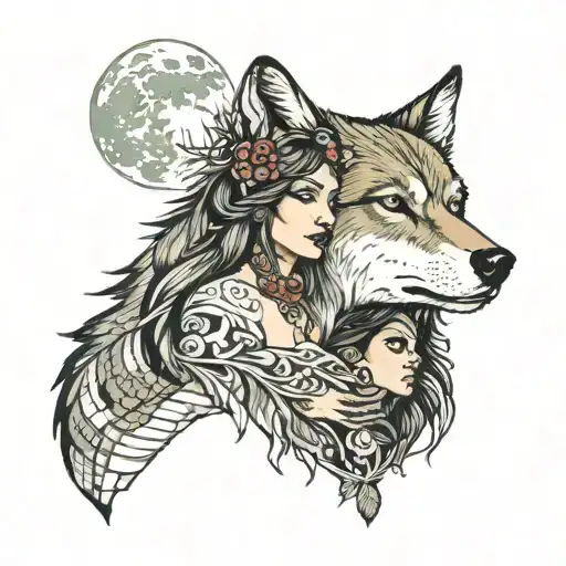 Wolf With Woman Indian Forest Moon