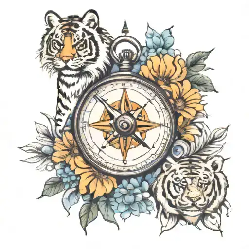 Compass With Daisy And A Siberian Tiger Surrounded