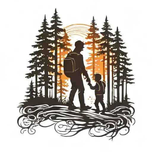 Shilouette Father Son Walking Forest