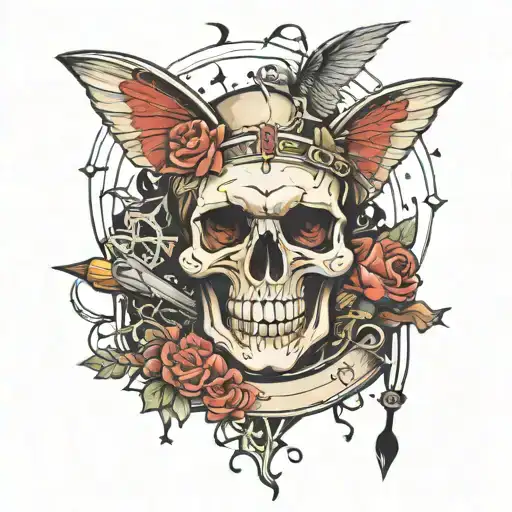 Skull Surrounded By Shapes With A Fairy Holding Open Book With Paint Brushes