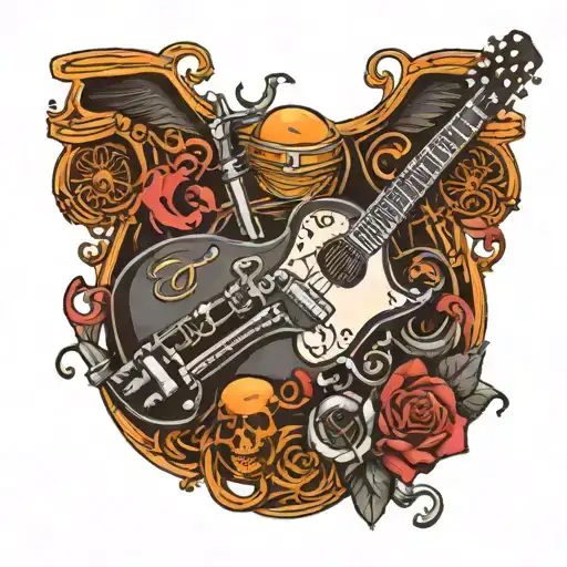 Music Themed Tattoo That Includes A Guitar And A Harley Davidson Motorcycle