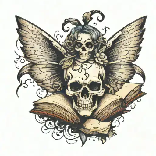 Skull With A Fairy Holding Open Book