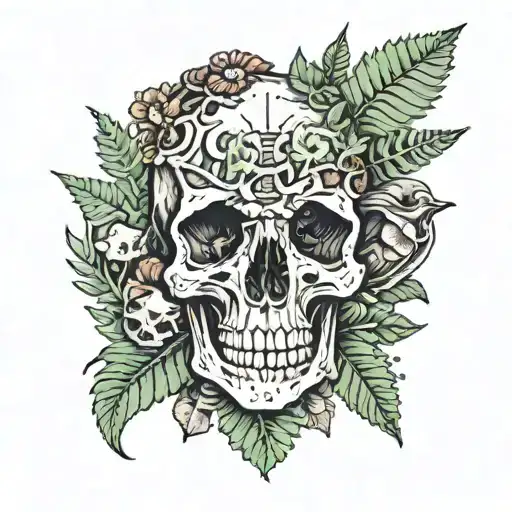 Animal Skull And Fossils Surrounded By Ferns And Mushrooms