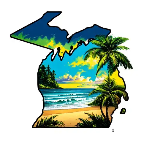 Michigan Block M With Palm Trees On The Beach Scene