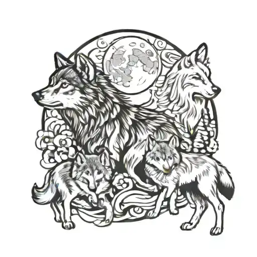 Full Moon And Wolves Representing Family
