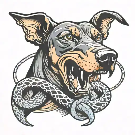 Angry Doberman Barking Wrapped In A Snake Shaped Like A Double Infinity Symbol