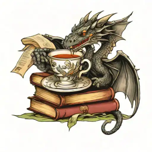 Dragon On A Book Stack Holding A Tea Cup With A Library Background