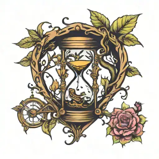 Hour Glass With Trees As Sides Of Hour Glass With Snake Wrapping Around Crescent Moon And Hour Glass